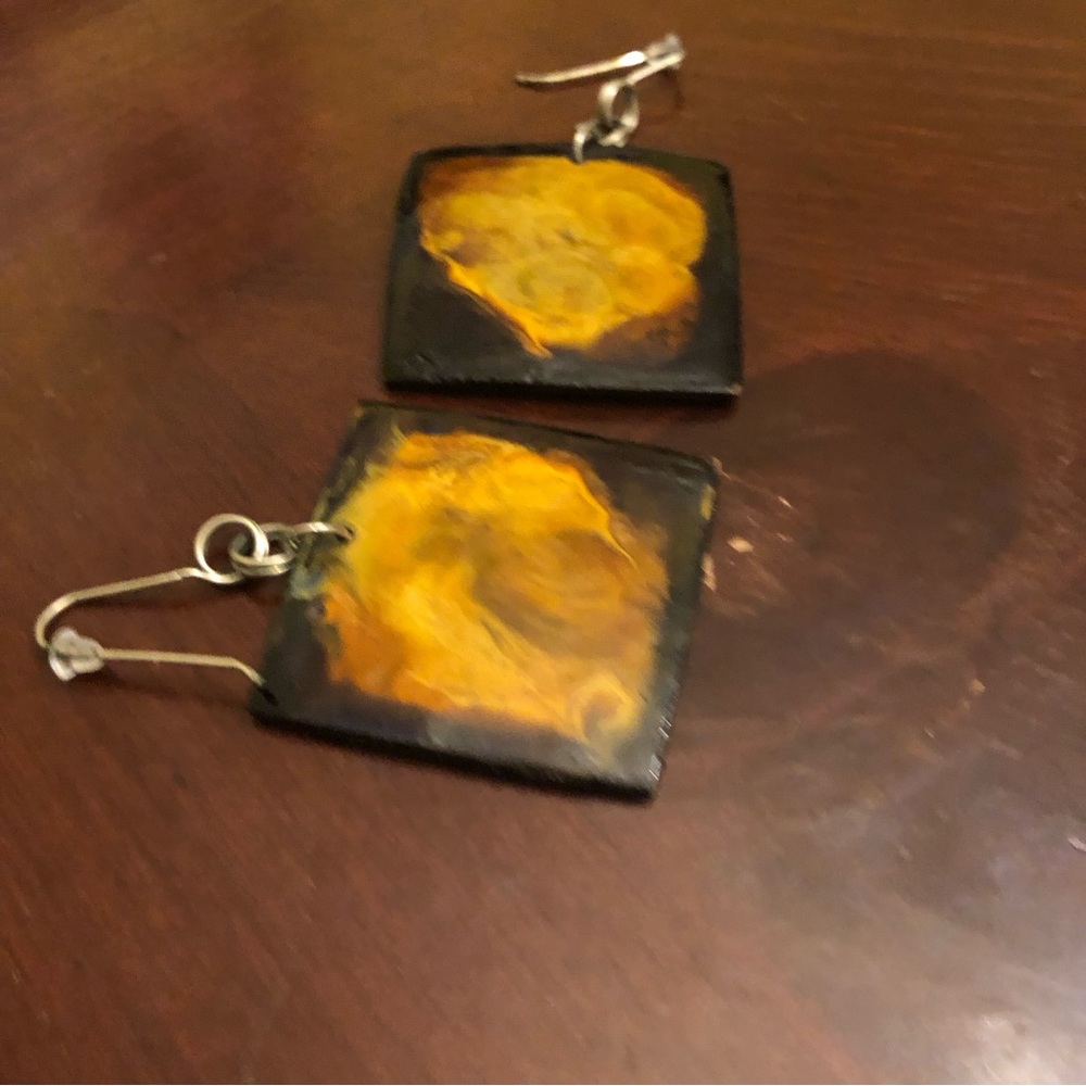 Square Wooden Dangle Drop Earrings Women's Brown/Gold - Picture 7 of 8